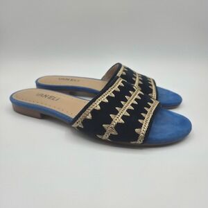 aneli Blue Suede Gold Embroidered Slide Sandals Womens‎ 7.5N Narrow Boho Resort
